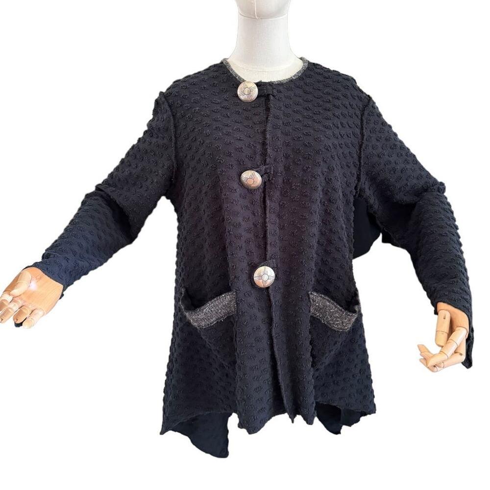 Hand jive Chenille Boho Wearable Art black jacket handmade size XS oversized